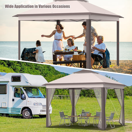 Carpa Cenador Plegable de 11 x 11 Pies con 2 Niveles, Toldo Portátil, Bolsa de Transporte, Malla