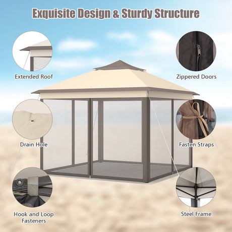 Carpa Cenador Plegable de 11 x 11 Pies con 2 Niveles, Toldo Portátil, Bolsa de Transporte, Malla