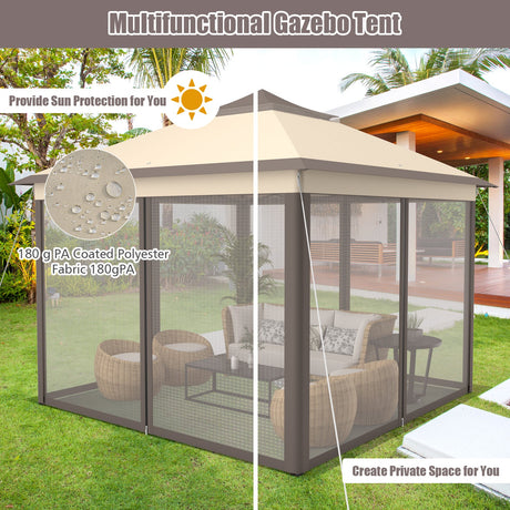 Carpa Cenador Plegable de 11 x 11 Pies con 2 Niveles, Toldo Portátil, Bolsa de Transporte, Malla