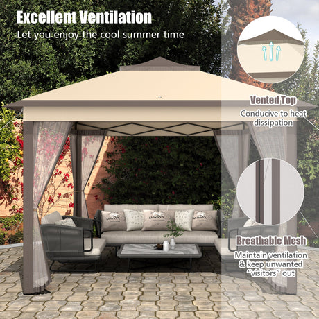 Carpa Cenador Plegable de 11 x 11 Pies con 2 Niveles, Toldo Portátil, Bolsa de Transporte, Malla