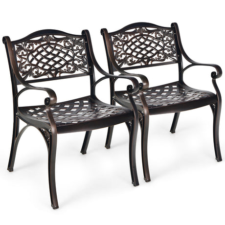 Sillas de exterior de aluminio fundido de 2 piezas con reposabrazos y asientos curvos-Cobre