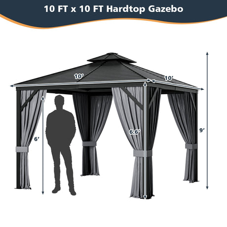 Cenador de Techo Duro Doble Techo de 10 x 10 Pies con Techo de Acero Galvanizado-Gris