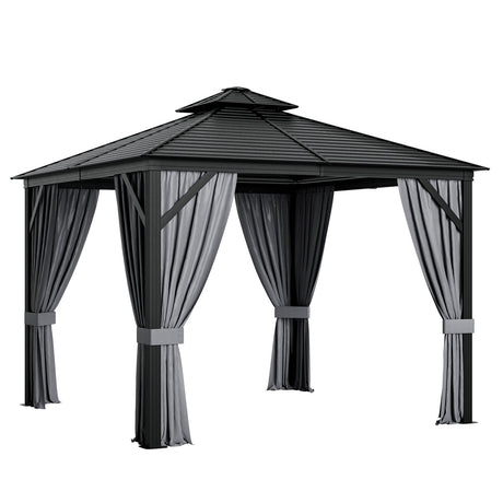 Cenador de Techo Duro Doble Techo de 10 x 10 Pies con Techo de Acero Galvanizado-Gris