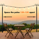 String Light Poles 2 Pack Outdoor Metal Poles with Top Arc Hook and 5-Prong Base