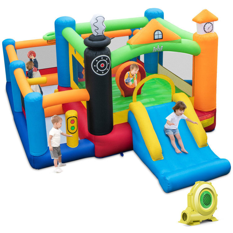 Castillo Hinchable para Niños con Temática de Tren, Tobogán y Canasta de Baloncesto con Soplador de Aire de 950W