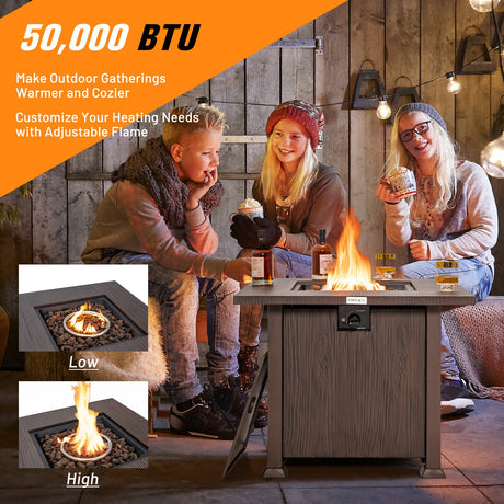 Mesa fogata cuadrada de 32 pulgadas y 50 000 BTU con tapa y rocas de lava - Marrón