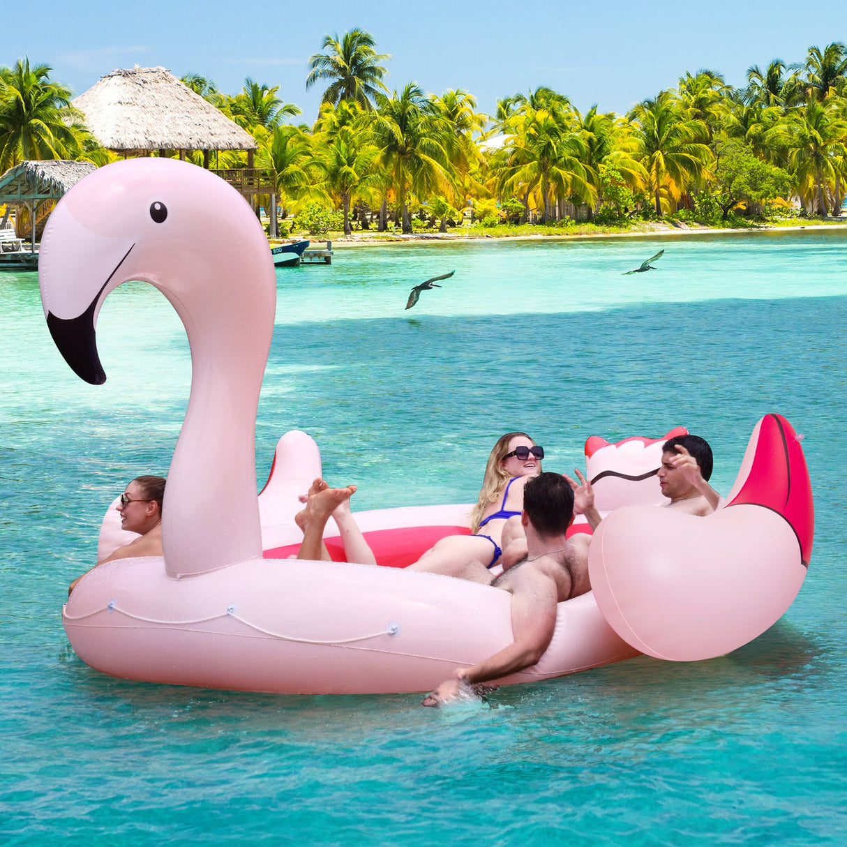 Isla flotante inflable Flamenco para 6 personas con 6 portavasos para piscina y río