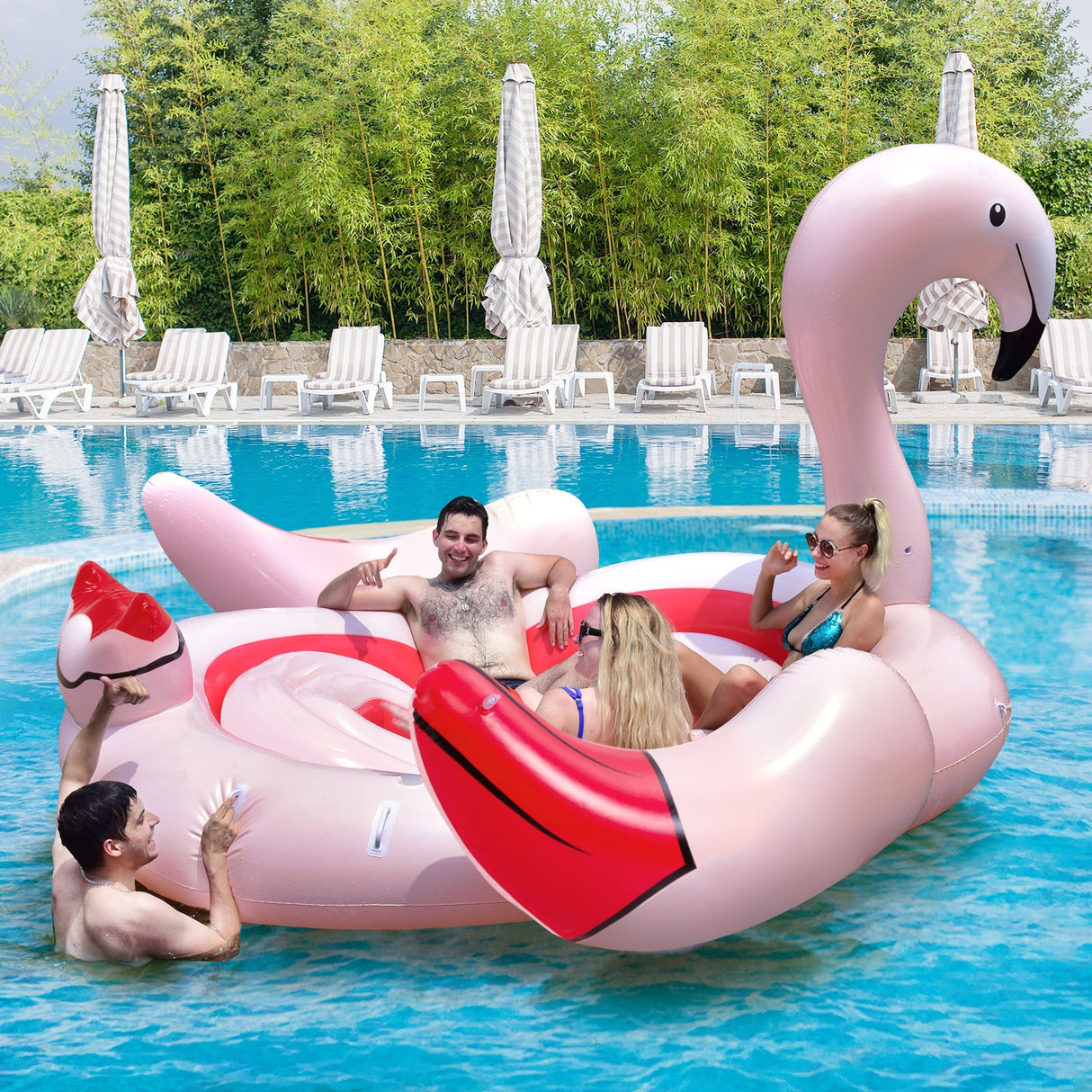 Isla flotante inflable Flamenco para 6 personas con 6 portavasos para piscina y río