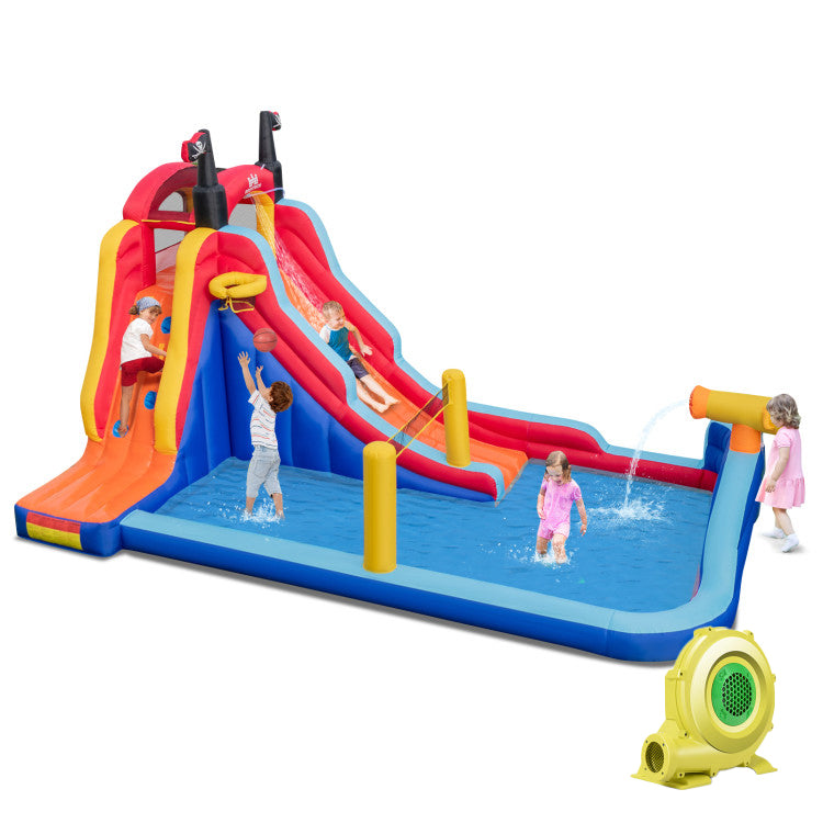 Castillo hinchable 5 en 1 con 2 toboganes de agua y piscina de salpicaduras grande con soplador de 735 W