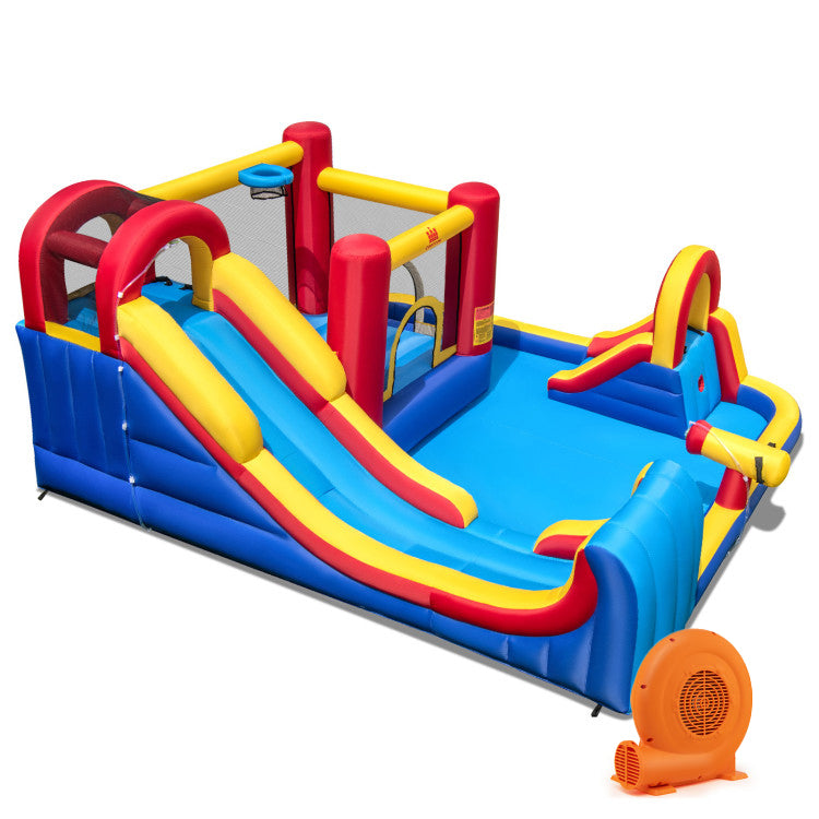 Castillo hinchable inflable de exterior 7 en 1 con toboganes acuáticos y piscinas de chapoteo con soplador de 680 W