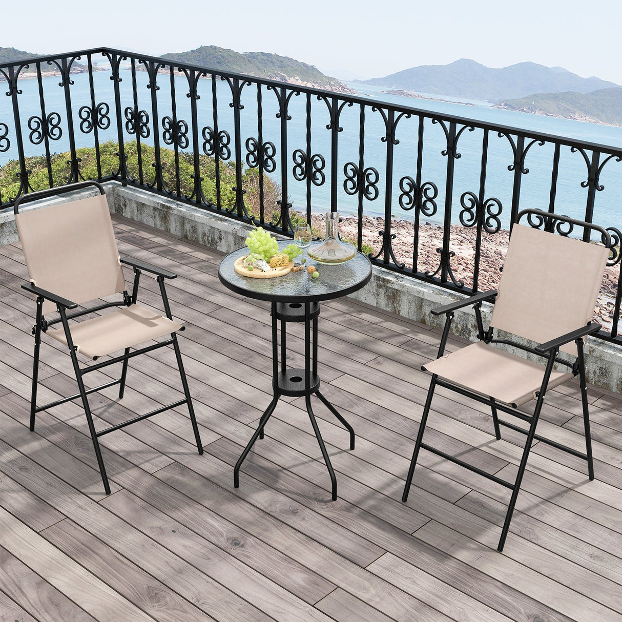 Juego de bistró de exterior de 3 piezas con 2 sillas plegables - Beige