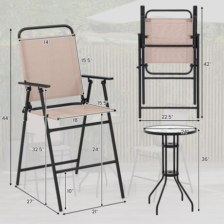 Juego de bistró de exterior de 3 piezas con 2 sillas plegables - Beige