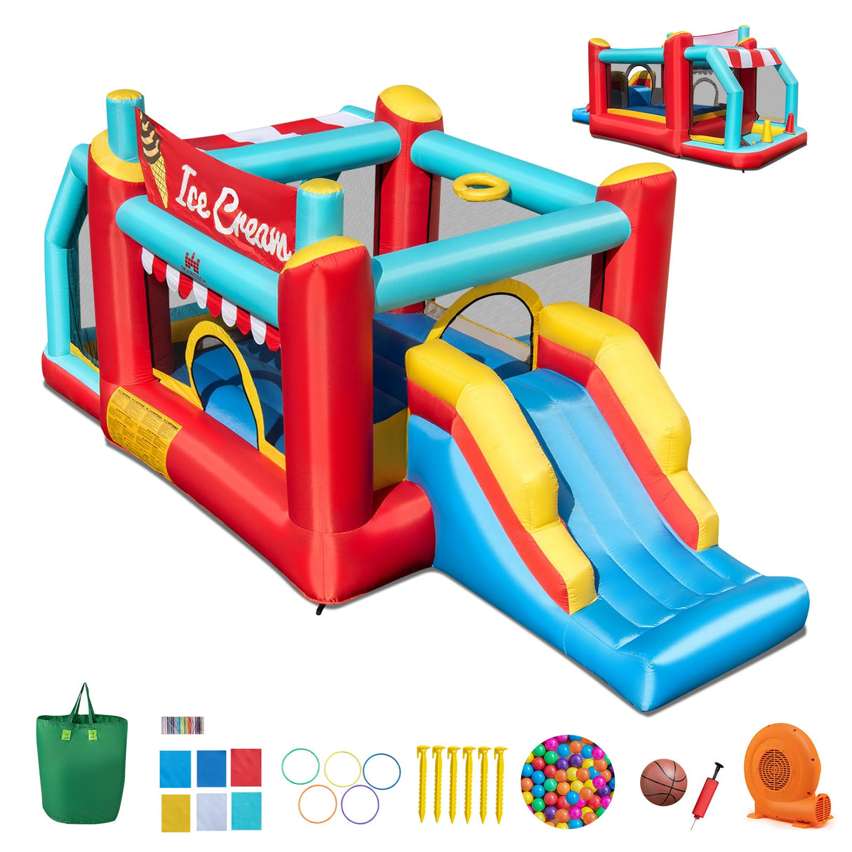 Casa inflable saltarina de helados 5 en 1 con piscina de bolas y tobogán con soplador de 520W