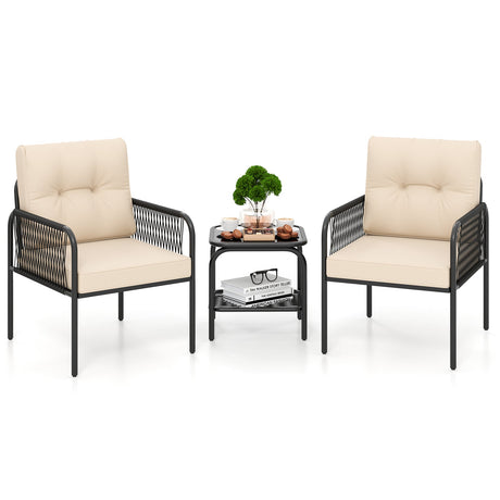 Juego de conversación de 3 piezas para patio, bistró, muebles de ratán de mimbre PE para exteriores, color beige