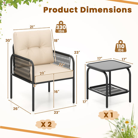 Juego de conversación de 3 piezas para patio, bistró, muebles de ratán de mimbre PE para exteriores, color beige