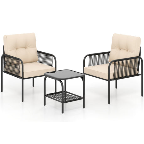 Juego de conversación de 3 piezas para patio, bistró, muebles de ratán de mimbre PE para exteriores, color beige