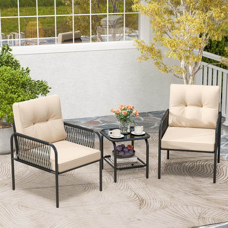 Juego de conversación de 3 piezas para patio, bistró, muebles de ratán de mimbre PE para exteriores, color beige