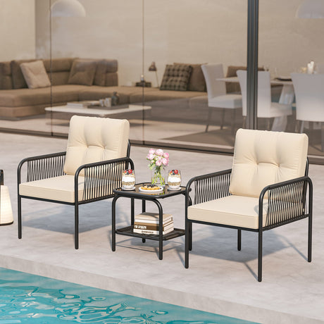 Juego de conversación de 3 piezas para patio, bistró, muebles de ratán de mimbre PE para exteriores, color beige