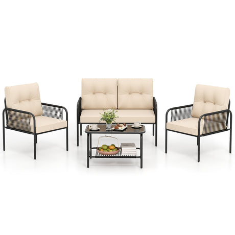 Juego de muebles de patio de 4 piezas, sofá y sillas de mimbre PE con loveseat - Beige