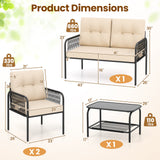 Juego de muebles de patio de 4 piezas, sofá y sillas de mimbre PE con loveseat - Beige