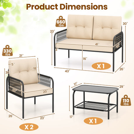 Juego de muebles de patio de 4 piezas, sofá y sillas de mimbre PE con loveseat - Beige