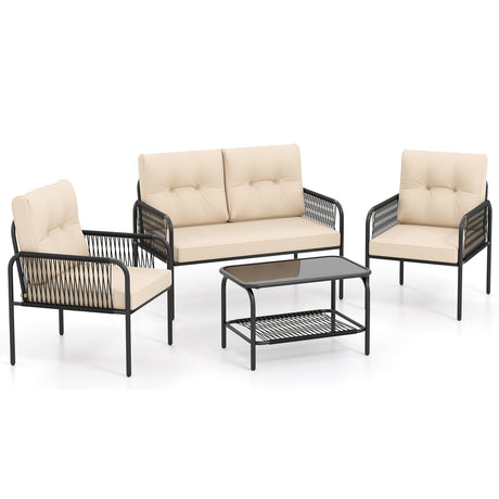 Juego de muebles de patio de 4 piezas, sofá y sillas de mimbre PE con loveseat - Beige