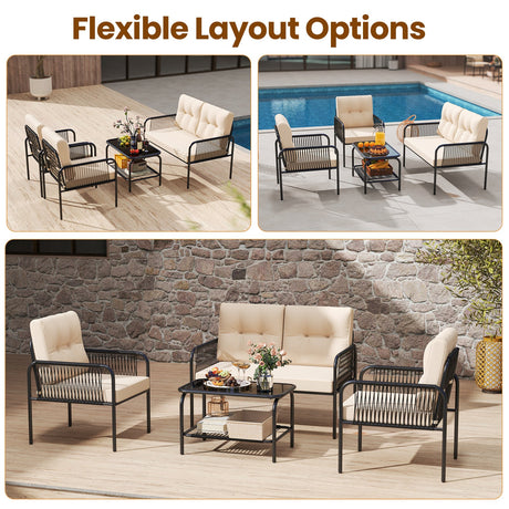 Juego de muebles de patio de 4 piezas, sofá y sillas de mimbre PE con loveseat - Beige