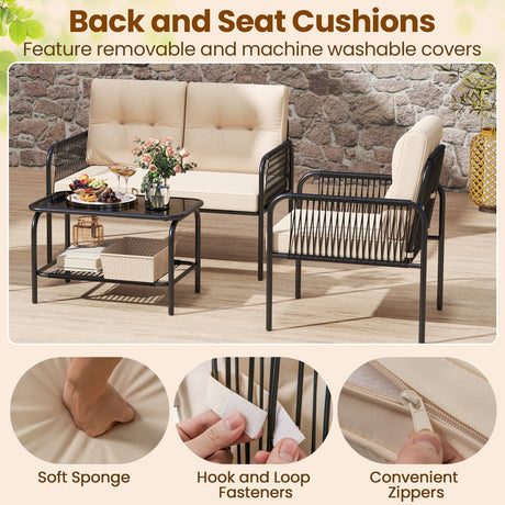 Juego de muebles de patio de 4 piezas, sofá y sillas de mimbre PE con loveseat - Beige