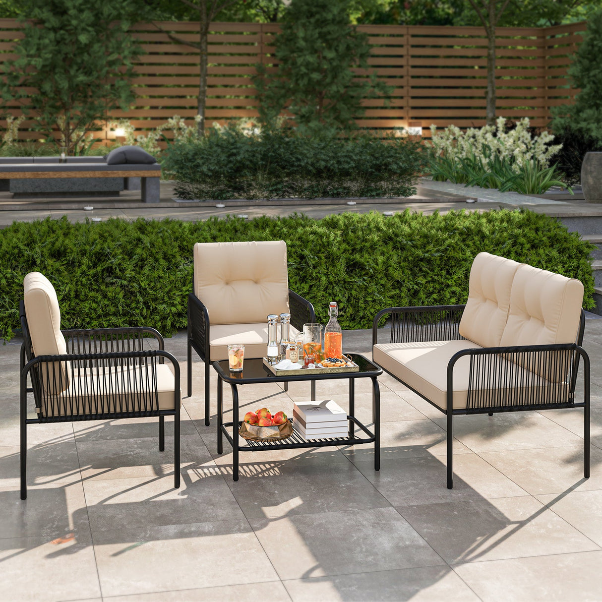 Juego de muebles de patio de 4 piezas, sofá y sillas de mimbre PE con loveseat - Beige
