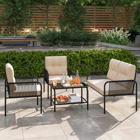 Juego de muebles de patio de 4 piezas, sofá y sillas de mimbre PE con loveseat - Beige