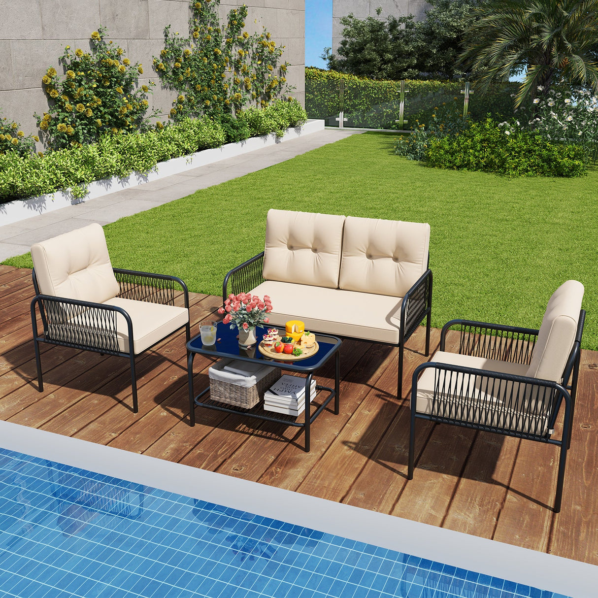Juego de muebles de patio de 4 piezas, sofá y sillas de mimbre PE con loveseat - Beige