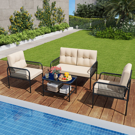 Juego de muebles de patio de 4 piezas, sofá y sillas de mimbre PE con loveseat - Beige