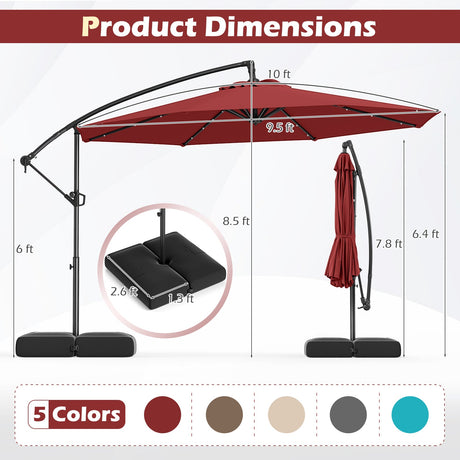 Sombrilla voladiza solar de 3 metros con base y 32 luces LED - Color vino