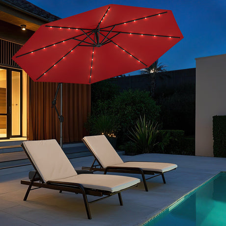 Sombrilla voladiza solar de 3 metros con base y 32 luces LED - Color vino