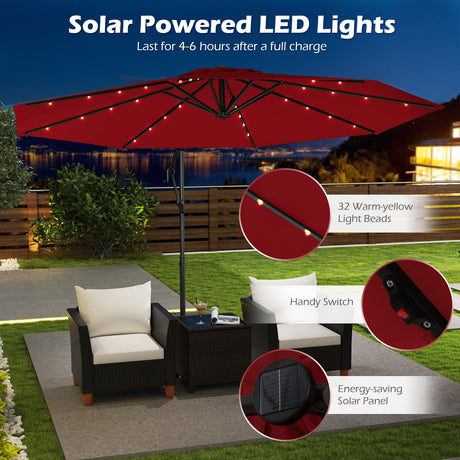 Sombrilla voladiza solar de 3 metros con base y 32 luces LED - Color vino