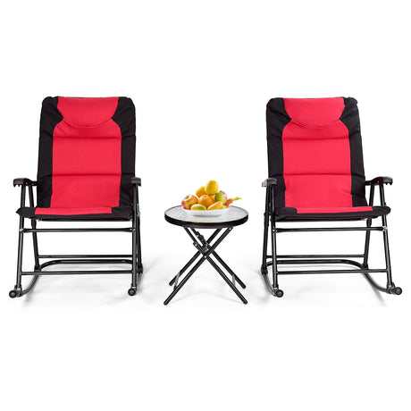 Juego de 3 piezas de mesa y mecedora plegable para exteriores con cojín