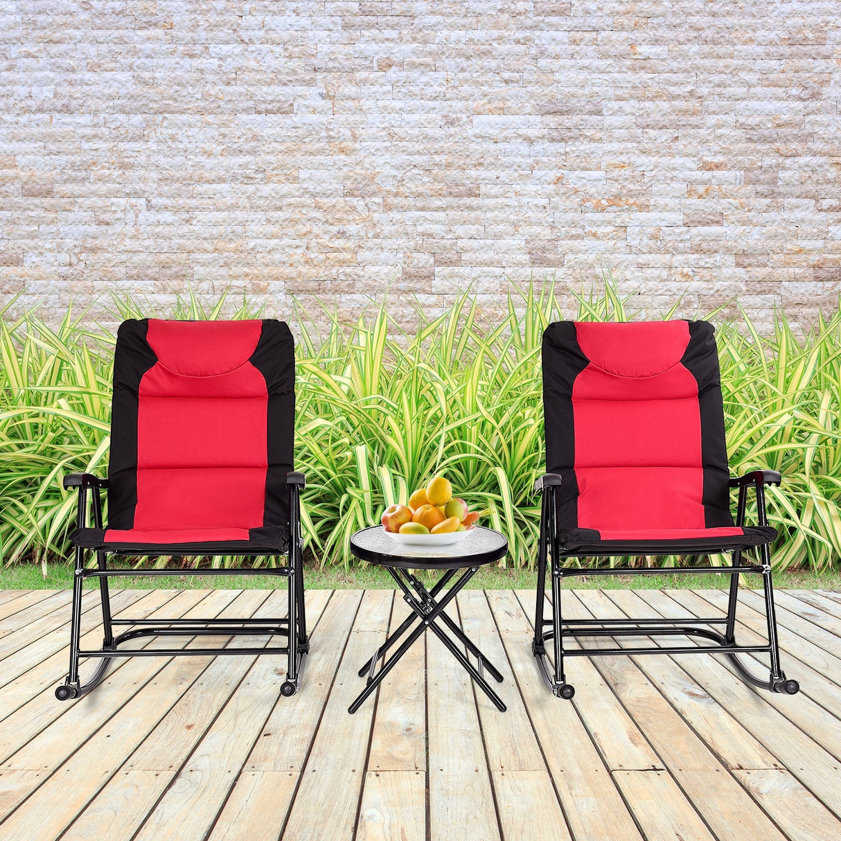 3 Pcs Outdoor Folding Rocking Chair Table Set with Cushion