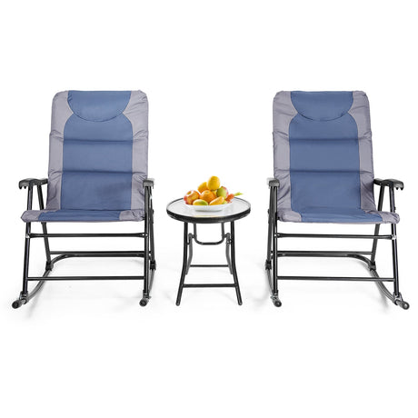 Juego de 3 piezas de mesa y mecedora plegable para exteriores con cojín