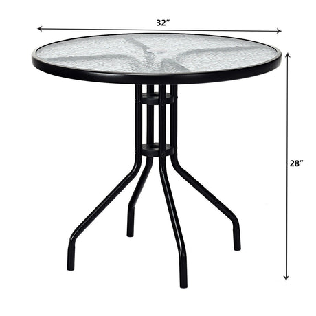 Mesa de exterior redonda de 32 pulgadas con tapa de cristal templado y agujero para sombrilla