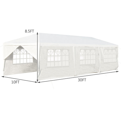 Carpa Cenador Exterior de 10 x 30 Pies con 6 Paredes Laterales Extraíbles y 2 Entradas - Blanca
