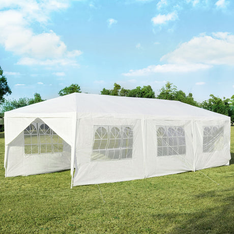 Carpa Cenador Exterior de 10 x 30 Pies con 6 Paredes Laterales Extraíbles y 2 Entradas - Blanca