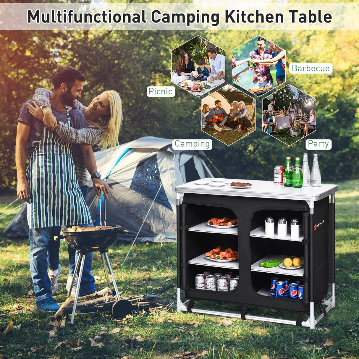 Mesa de cocina para acampar al aire libre con organizador de almacenamiento