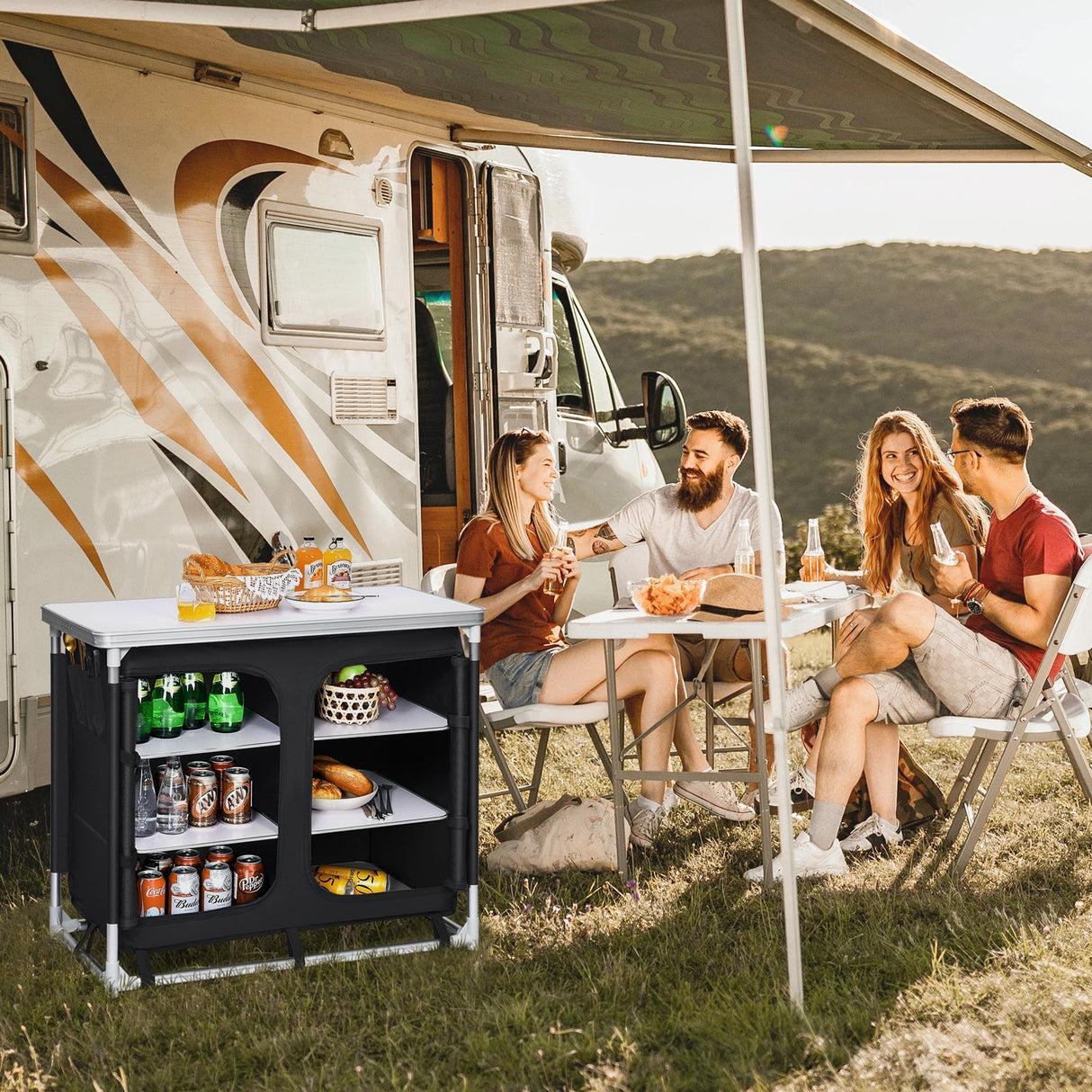 Mesa de cocina para acampar al aire libre con organizador de almacenamiento
