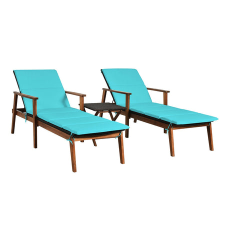 Juego de 3 Sillones Reclinables Portátiles de Ratán Acolchados para Patio con Mesa Plegable