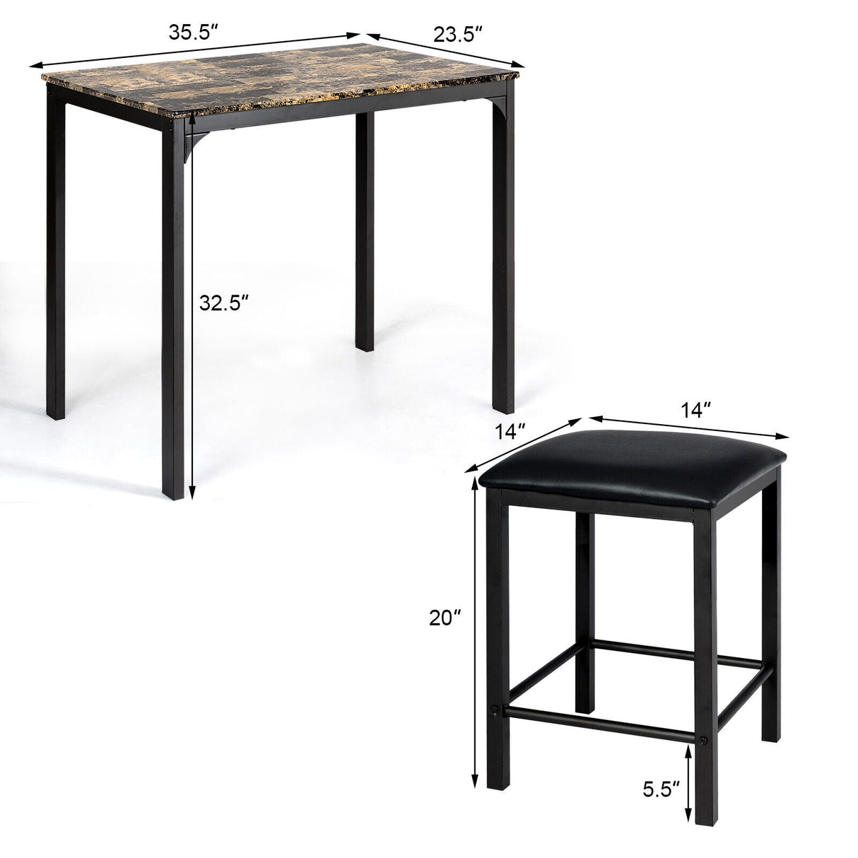 Juego de comedor de altura de mostrador de 3 piezas con mesa de imitación mármol