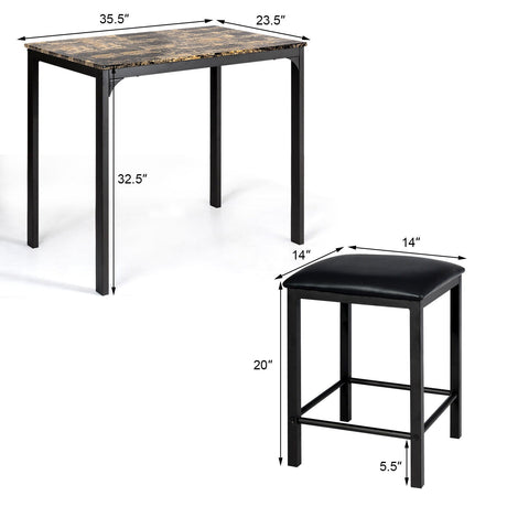 Juego de comedor de altura de mostrador de 3 piezas con mesa de imitación mármol