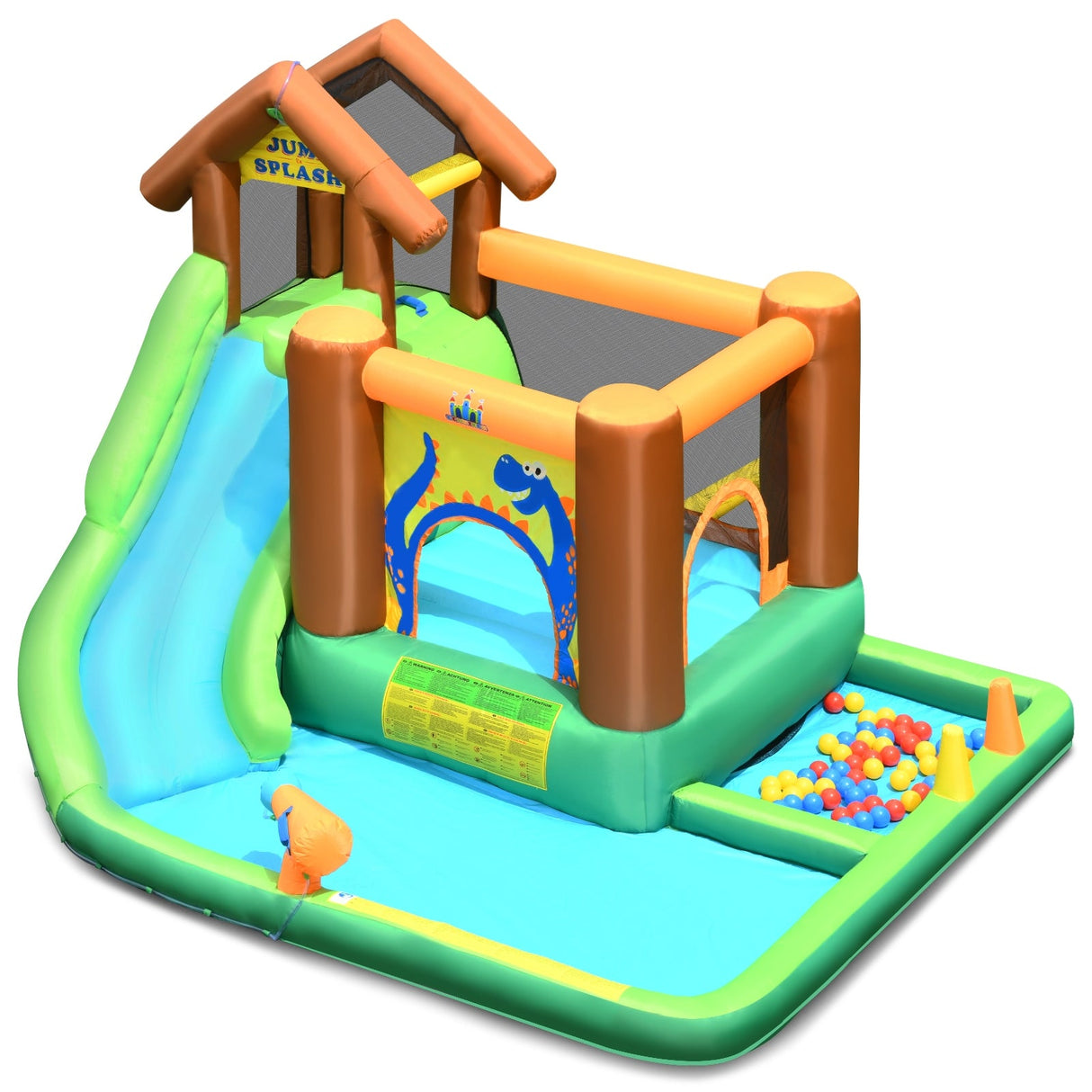 Castillo hinchable acuático con tobogán, muro de escalada y piscina de bolas con soplador
