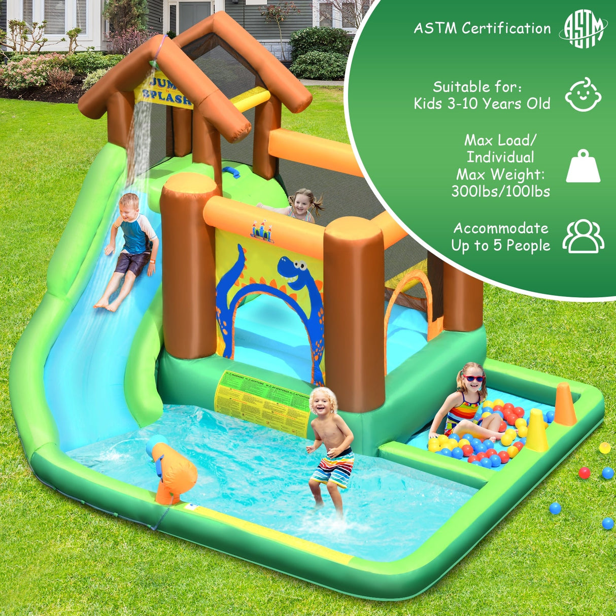 Castillo hinchable acuático con tobogán, muro de escalada y piscina de bolas con soplador