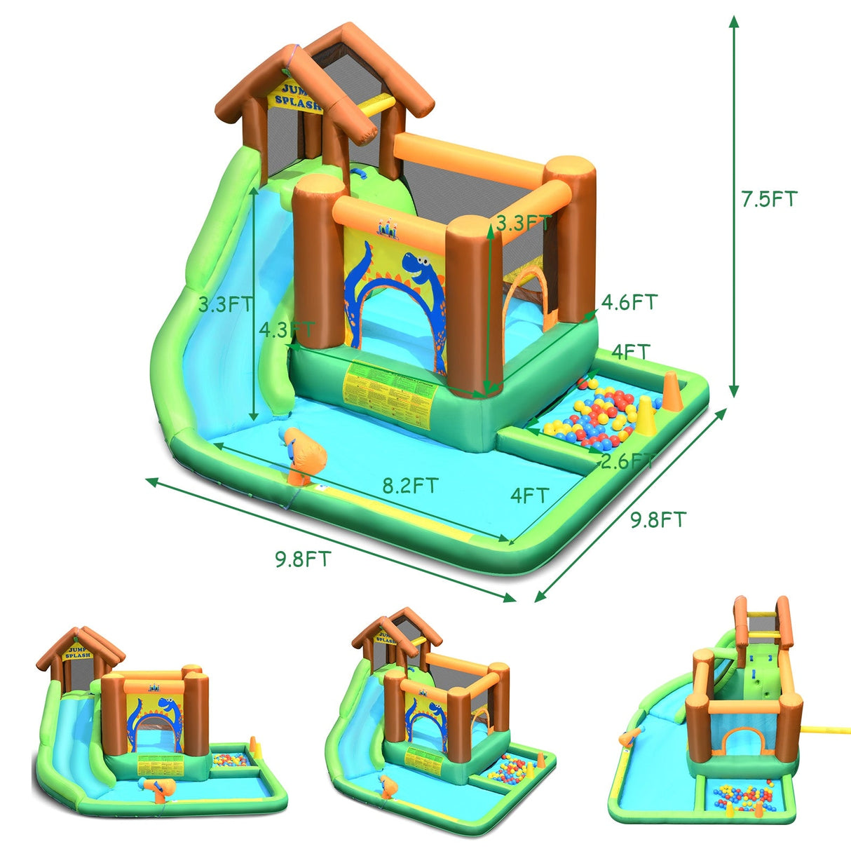 Castillo hinchable acuático con tobogán, muro de escalada y piscina de bolas con soplador