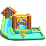 Castillo hinchable acuático con tobogán, muro de escalada y piscina de bolas con soplador